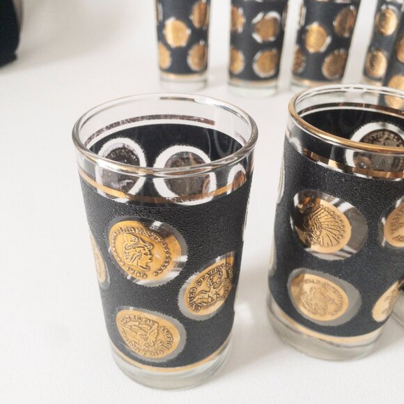 Vintage Libbey black textured 22-karat gold coin glasses MCM 1960s barware (9) - Picture 12 of 16